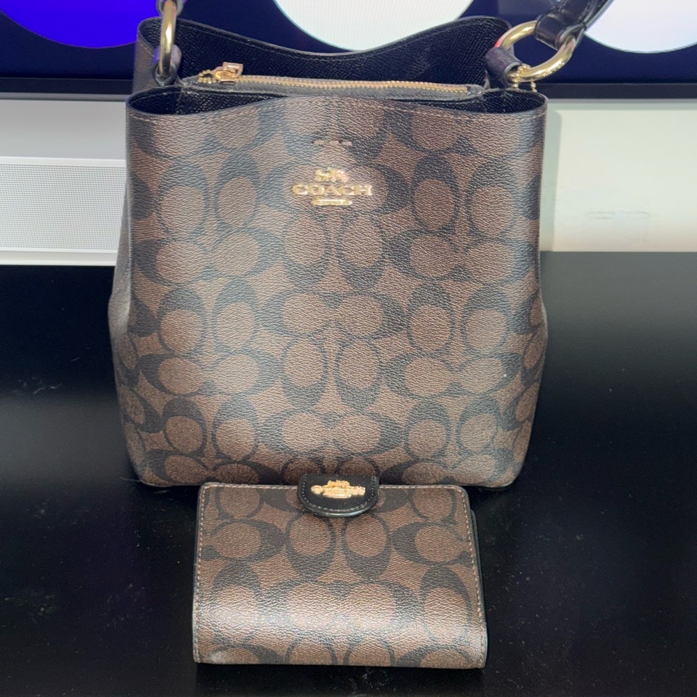 Coach Signature Canvas Mini Tote + Matching Wallet Brown/Black Gold Hardware